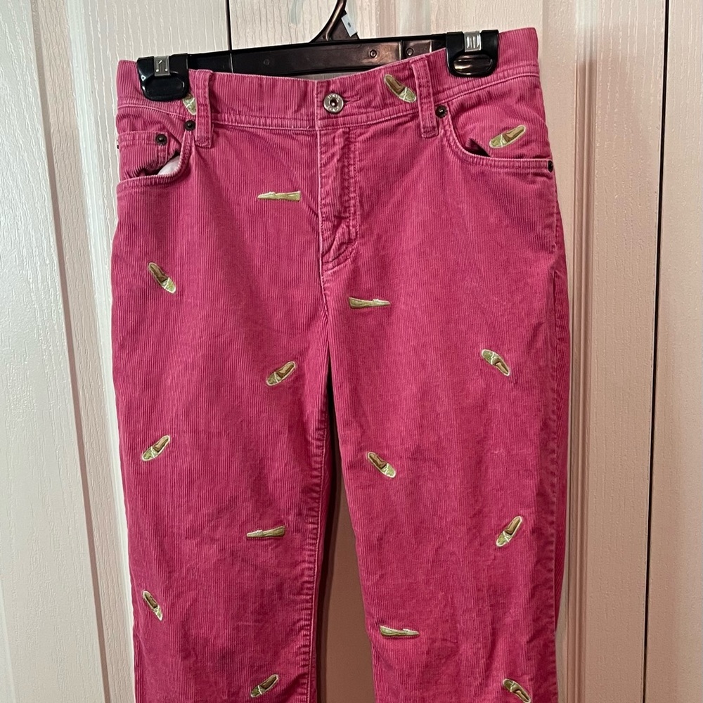 J. Crew pink Corduroy pants.  embroidered shoes. Size 2 tall